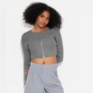 NWT Wild‎ Fable Gray Ribbed Zip-Up Cropped Sweater  Size Med